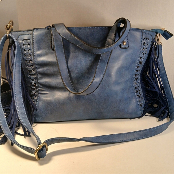 Yoki Denim Blue Faux Leather Fringed Square Shoulder Satchel Shoulder Bag - Picture 2 of 14